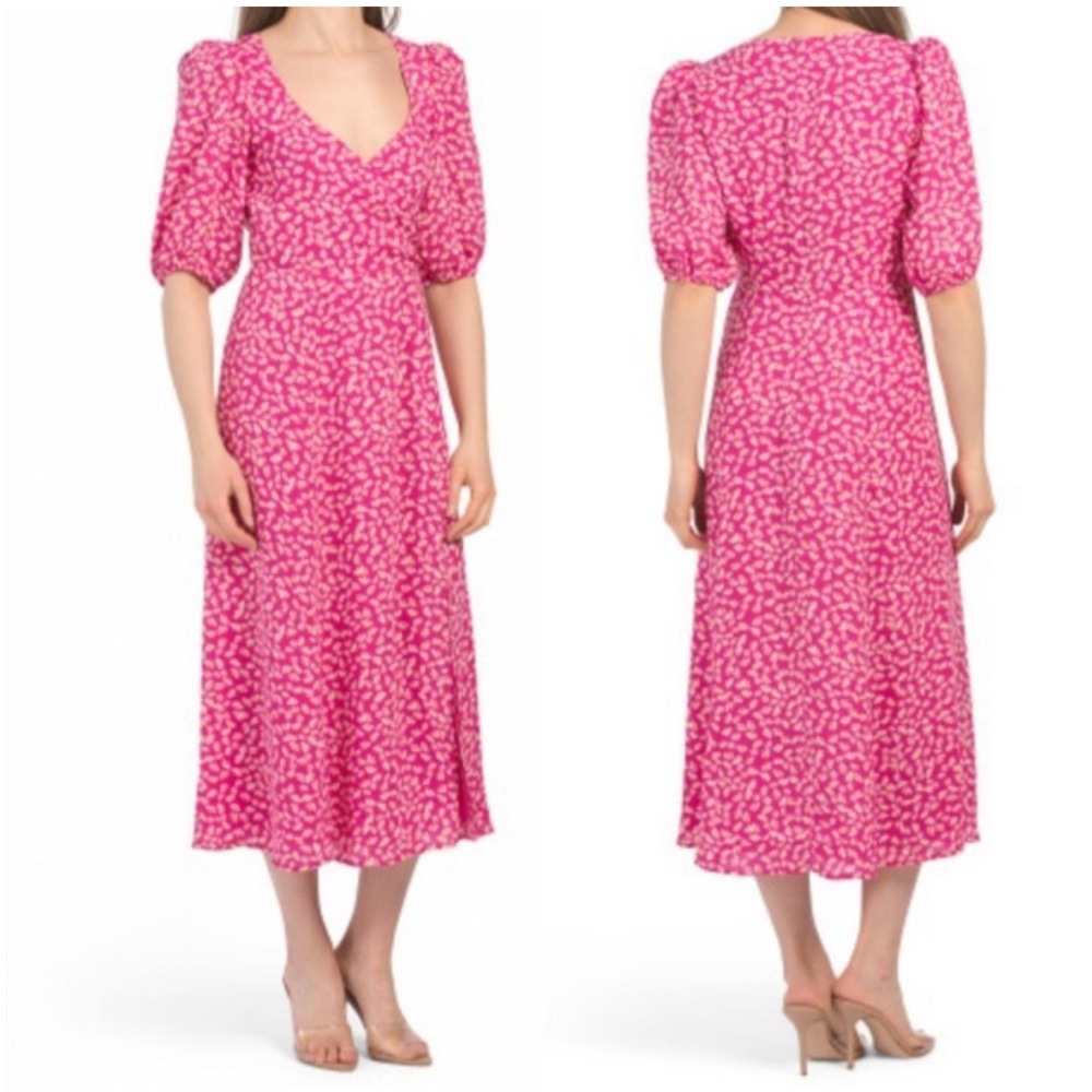 WAYF Pink Ditsy Floral Puff Sleeve Midi Dress S